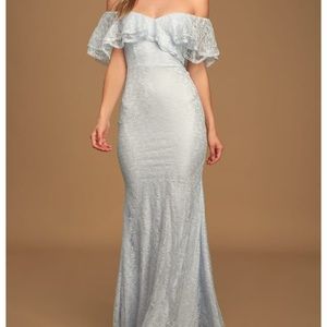 light blue lace off the shoulder maxi dress prom formal wedding guest dress